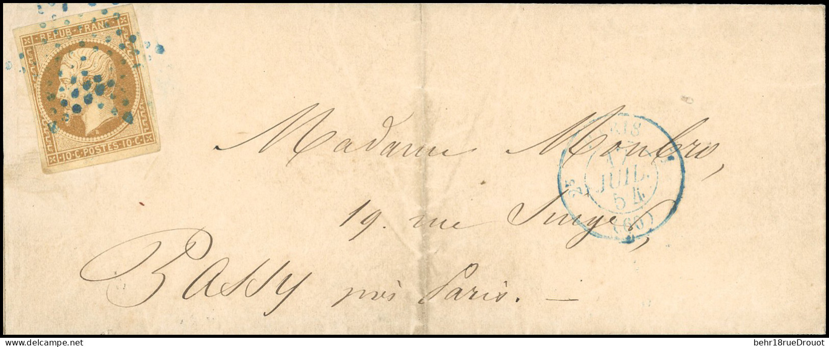 Obl. 9 -- 10c. Bistre-jaune, Obl. étoile Bleue De PARIS, S/lettre Frappée Du Cachet Bleu De PARIS Du 17 Juillet 1854 à D - 1852 Louis-Napoléon