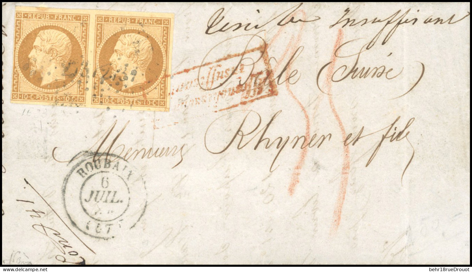 Obl. 9 -- Paire Du 10c. Bistre-jaune Obl. PC 2737 S/lettre Frappée Du CàD De ROUBAIX Du 6 Juillet 1854 à Destination De  - 1852 Louis-Napoleon