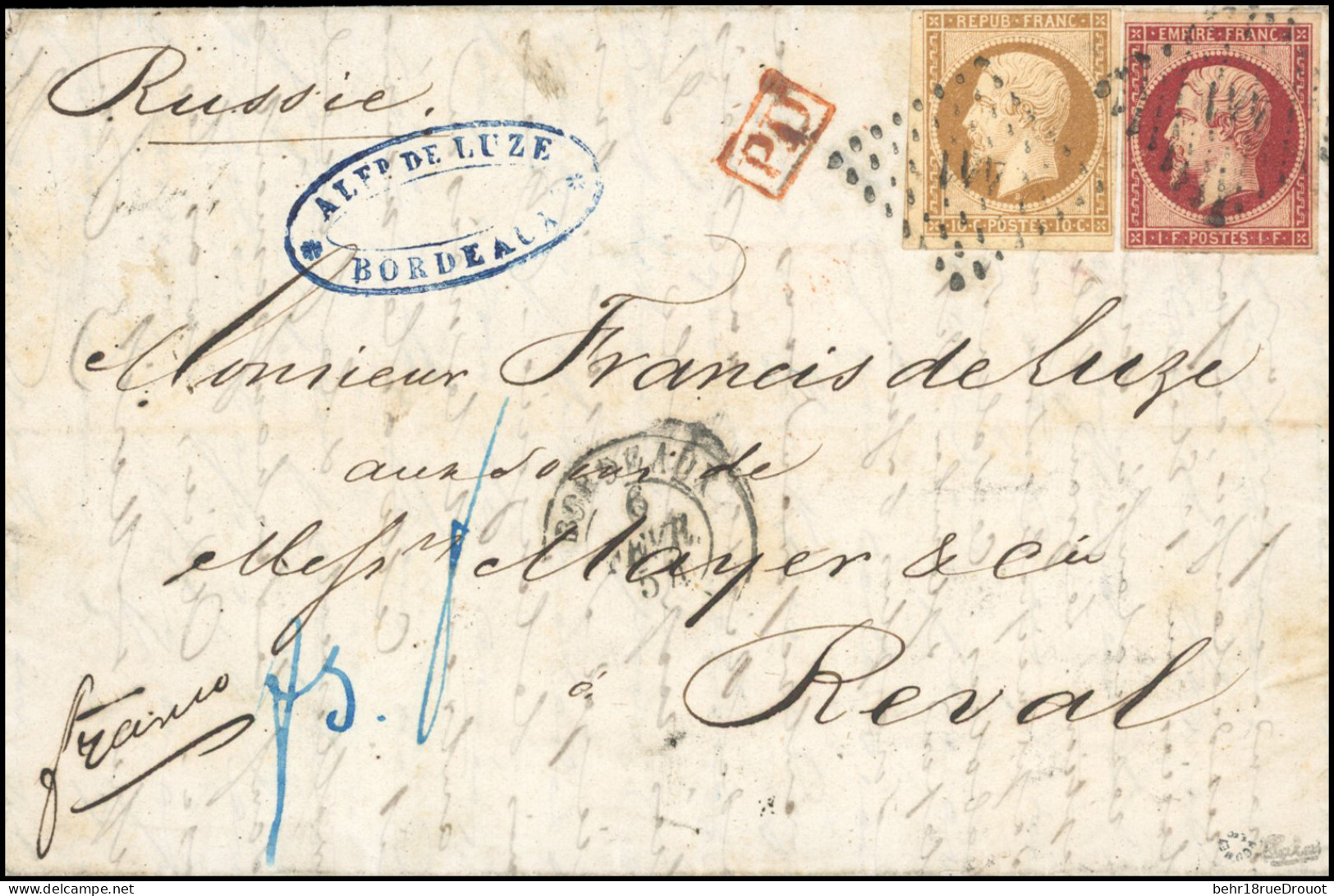 Obl. 9 + 18 -- 10c. Bistre-jaune + 1F. Carmin Obl. PC 441 S/lettre Frappée Du CàD De BORDEAUX Du 6 Février 1854 à Destin - 1852 Louis-Napoléon
