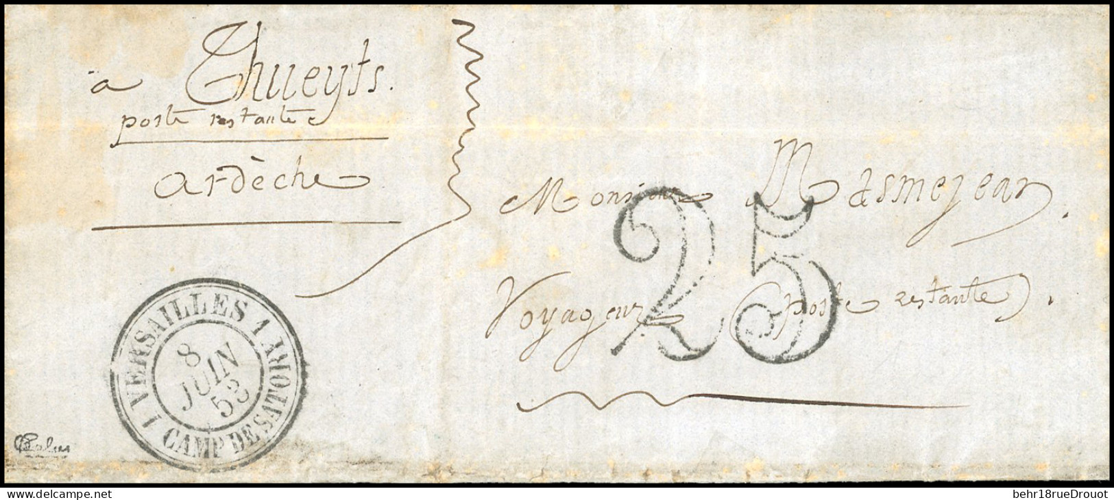 Obl. Lettre Taxée à 25, Frappée Du CàD Spécial ''VERSAILLES 1 CAMP DE SATORY 1'' Du 8 Juin 1853 à Destination De THUEYTS - 1853-1860 Napoleon III