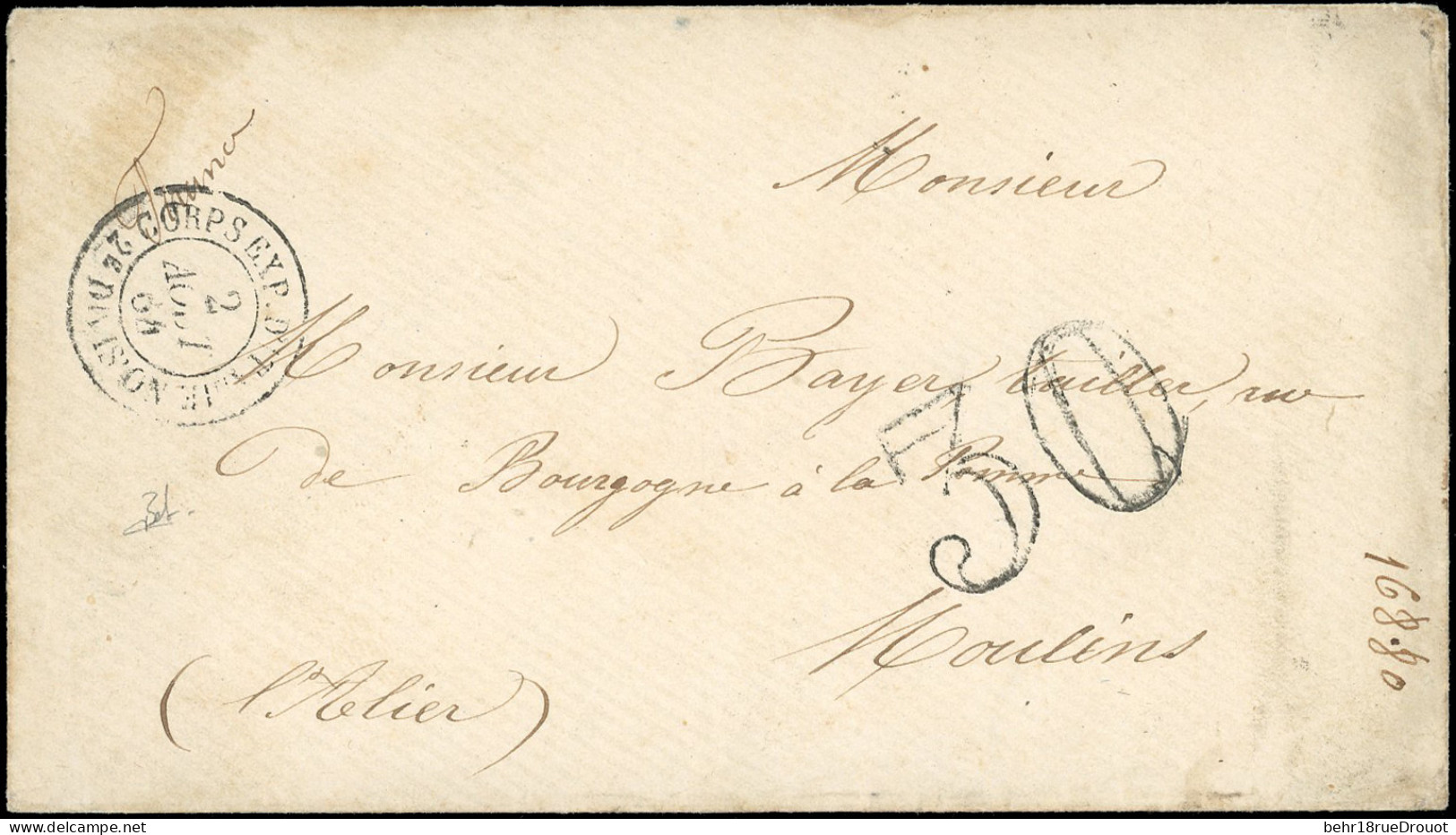 Obl. Lettre Taxée 30, Au Tampon, Frappée Du CàD Du CORPS EXP. D'ITALIE 2° DIVISION Du 2 Août 1864 à Destination De MOULI - 1853-1860 Napoléon III