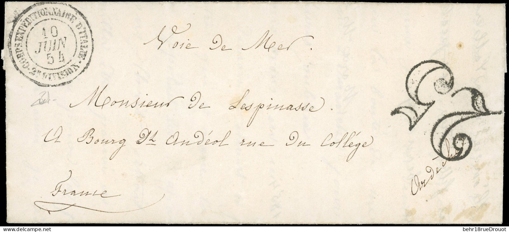 Obl. Lettre Taxée 25, Au Tampon, Frappée Du CàD Du CORPS EXP. D'ITALIE 2° DIVISION Du 10 Juin 1854 à Destination De BOUR - 1853-1860 Napoleon III