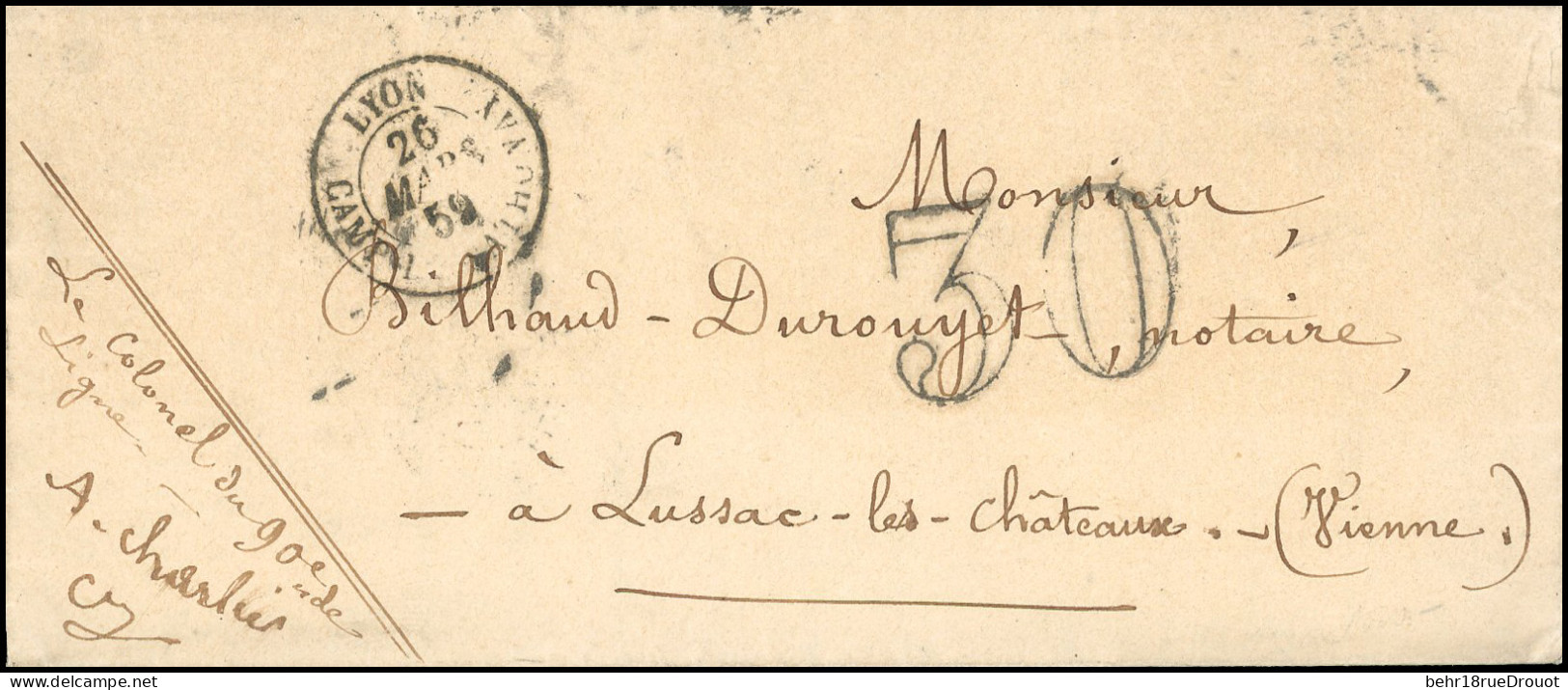 Obl. Lettre Taxée 30 Au Tampon, Frappée Du CàD De LYON - CAMP DE SATHONAY Du 26 Mars 1859 à Destination De LUSSAC-LES-CH - 1853-1860 Napoleon III