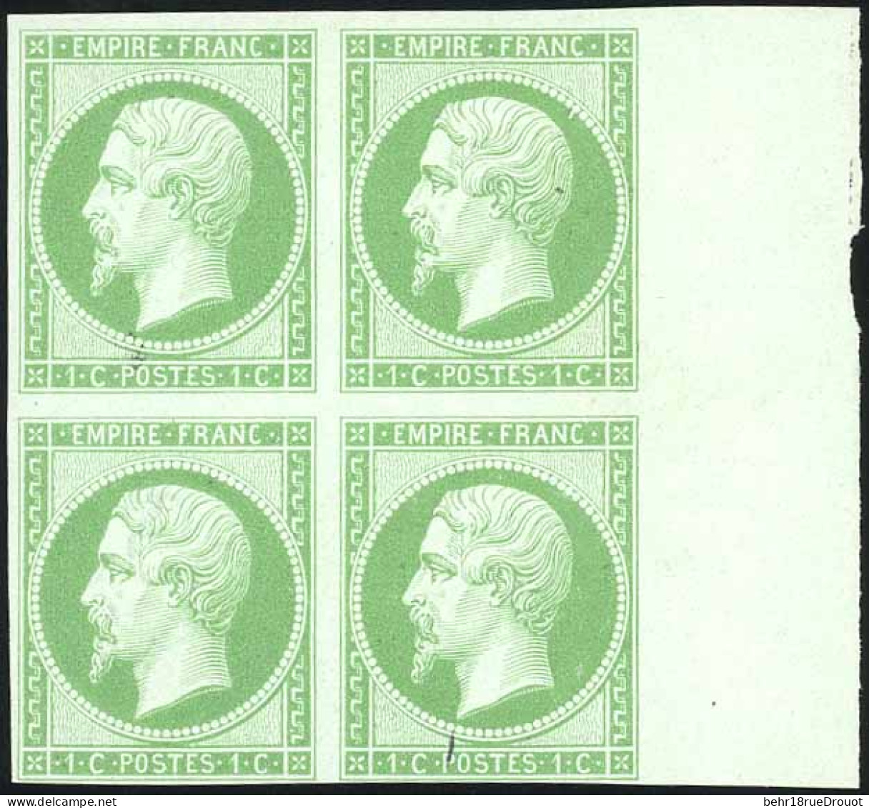 (*) 11 -- Essai Du 1c. En Vert. Bloc De 4. BdeF. SUP. - 1853-1860 Napoléon III