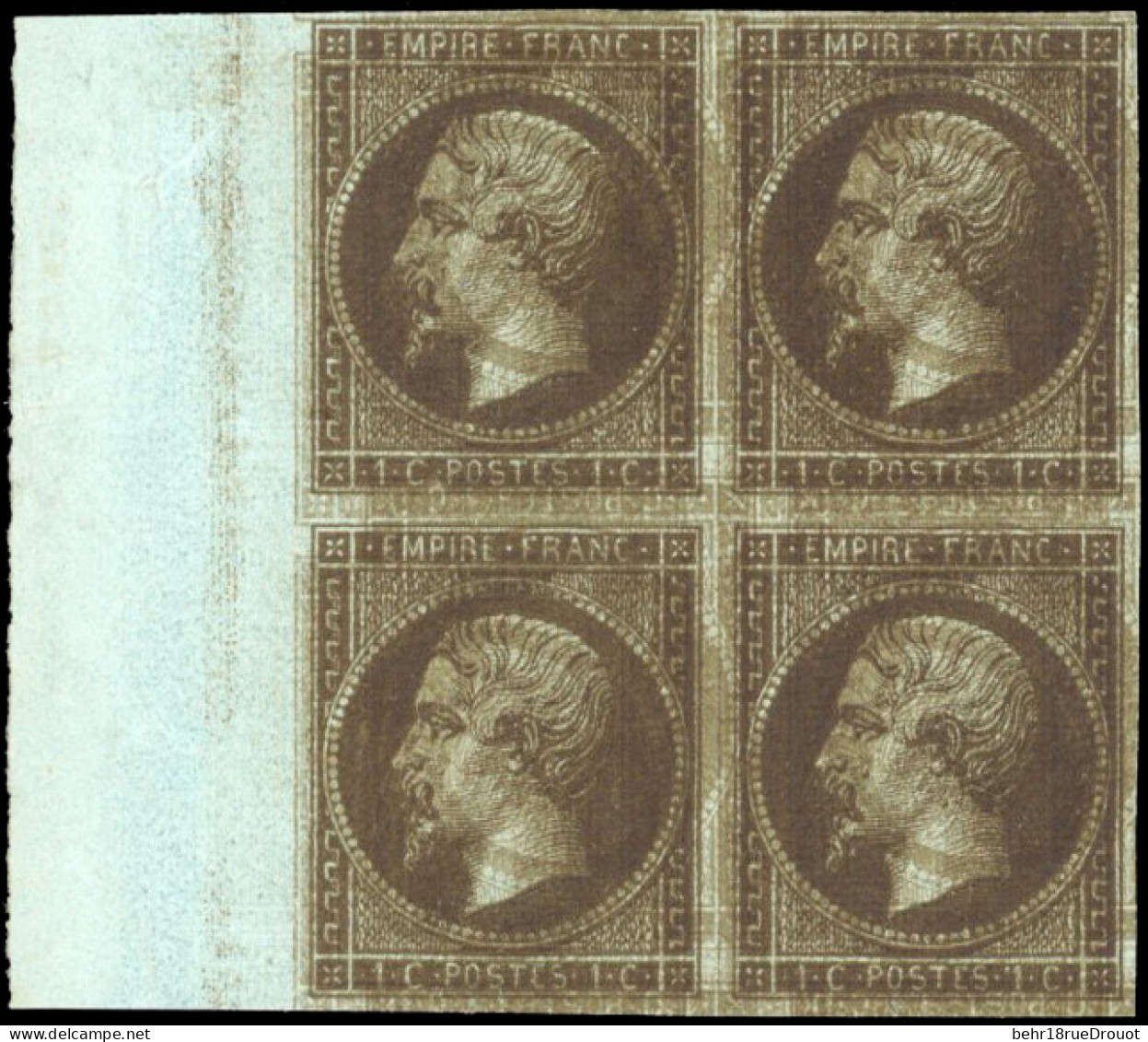 (*) 11 -- Essai Du 1c. Mordoré. Impression Double Dont L'une Renversée. Bloc De 4. BdeF. TB. - 1853-1860 Napoleon III