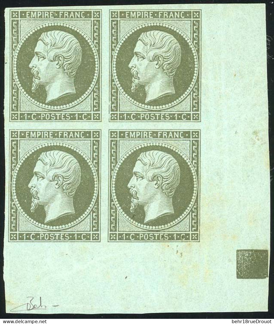 ** 11 -- 1c. Olive. Bloc De 4. Coin De Feuille Avec Carré De Repère. 2 Timbres *. Peut être Unique. Qualité De Rêve. SUP - 1853-1860 Napoleon III