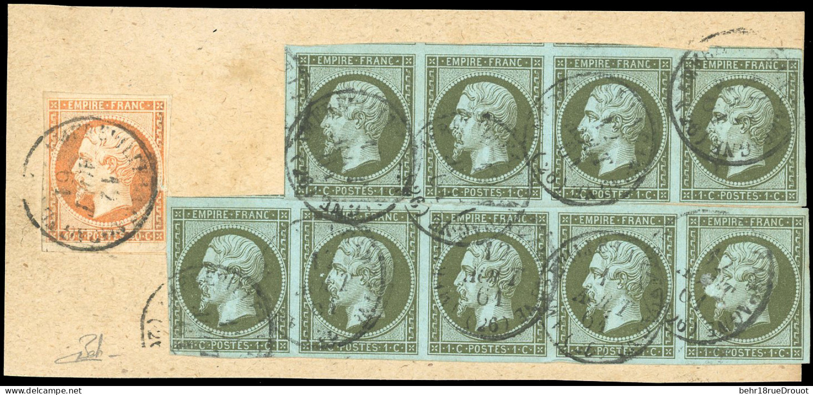 Obl. 11+ 16 -- 1c. Olive. Bande De 5 Et Bande 4 + 40c. Orange Obl. Du CàD Du 12 Août 1861 S/fragment. SUP. - 1853-1860 Napoleon III