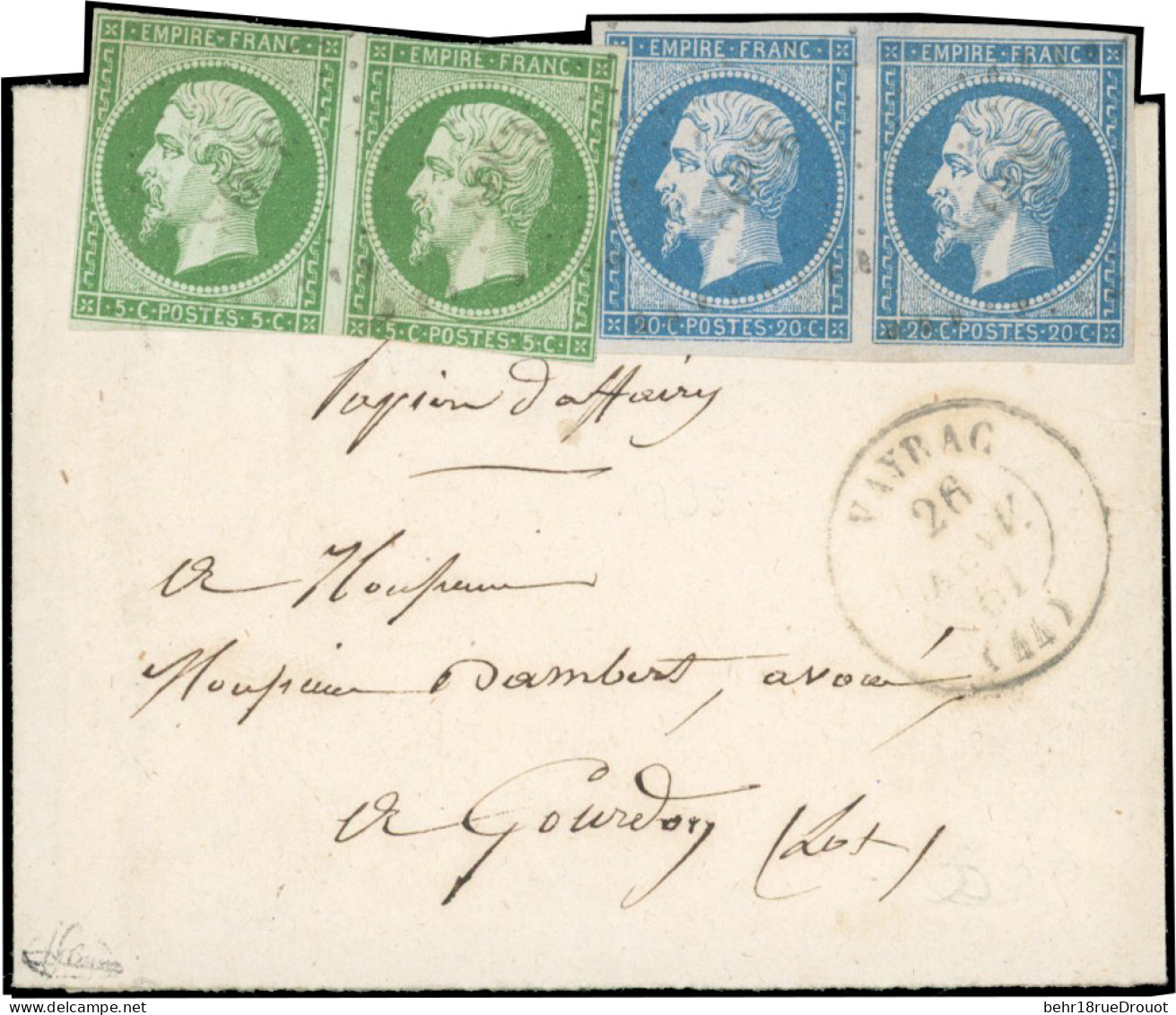 Obl. 12+ 14 -- Paire Du 5c. Vert + Paire Du 20c. Bleu Obl. S/bande De Papier D'affaire Frappée Du CàD De VAYRAC Du 26 Ja - 1853-1860 Napoleon III