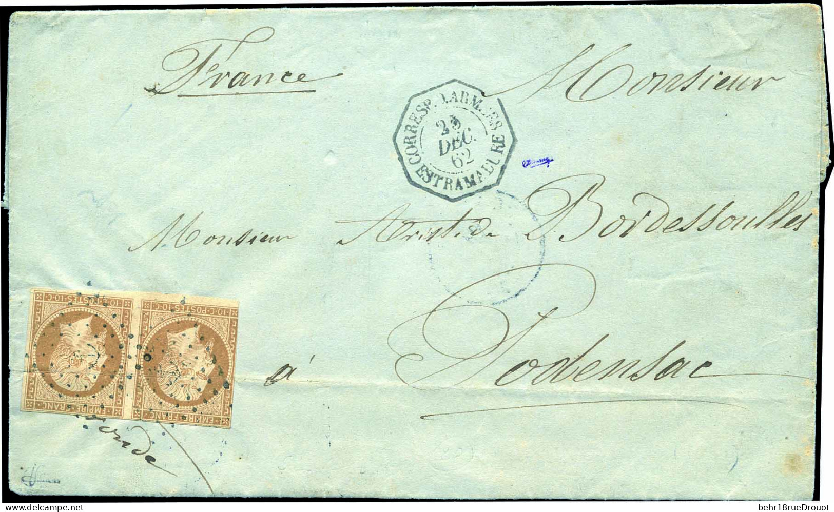 Obl. 13A -- Paire Du 10c. Bistre (marges Courtes) Obl. Ancre S/lettre Frappée Du CàD CORRESP. D'ARMEE ESTRAMADURE Du 25  - 1853-1860 Napoléon III.