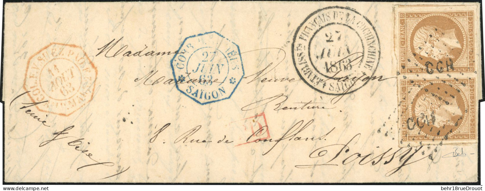 Obl. 13Ac -- Paire Du 10c. Bistre-brun Obl. Losange ''CCH'' S/lettre Manuscrite De SAIGON Du 23 Juin 1863, Frappée Du Cà - 1853-1860 Napoléon III