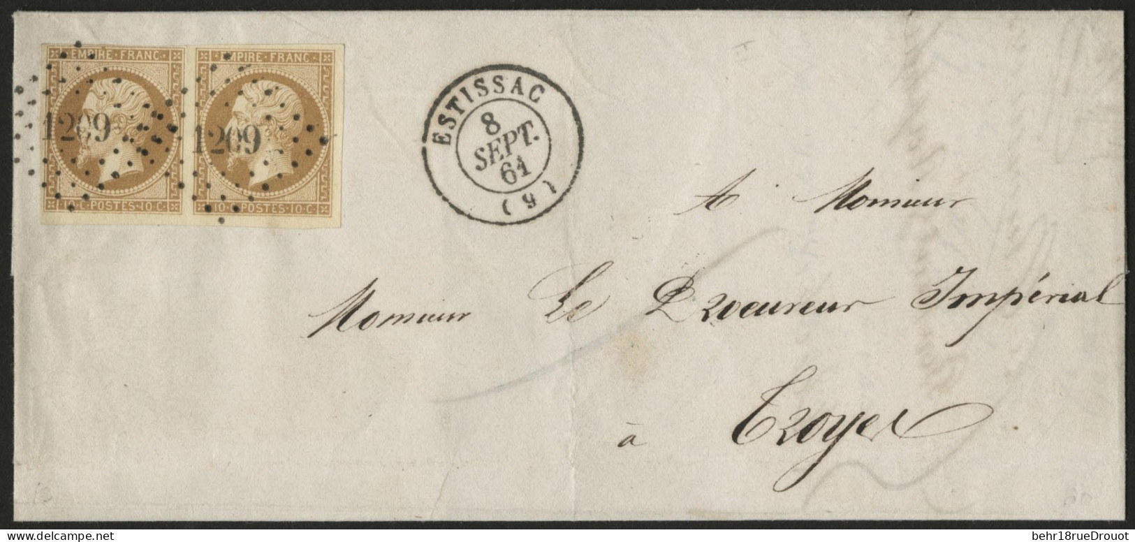 Obl. 13B -- Paire Du 10c. Bistre, Obl. PC 1209 S/lettre Frappée Du CàD D'ESTISSAC Du 8 Septembre 1861 à Destination De T - 1853-1860 Napoléon III