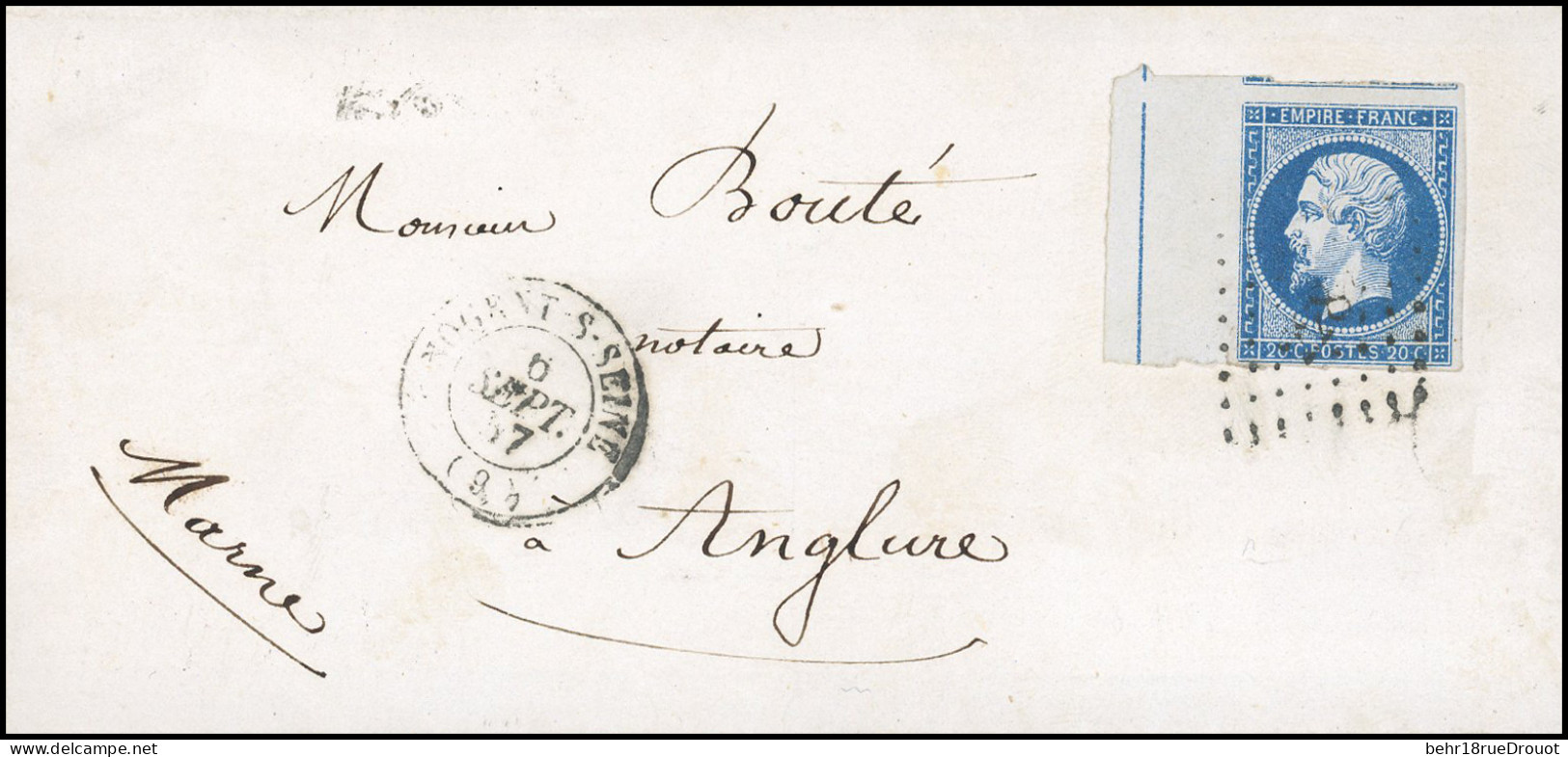 Obl. 14 -- 20c. Bleu, BdeF Avec Filet D'encadrement, Obl. PC 2282 S/lettre Frappée Du CàD De NOGENT-SUR-SEINE Du 6 Septe - 1853-1860 Napoleon III