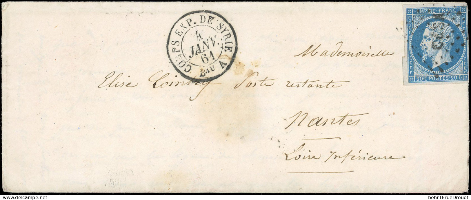 Obl. 14A -- 20c. Bleu, Obl. CESA, S/lettre Frappée Du CàD CORPS EXP. DE SYRIE Du 4 Janvier 1861 à Destination De NANTES  - 1853-1860 Napoléon III