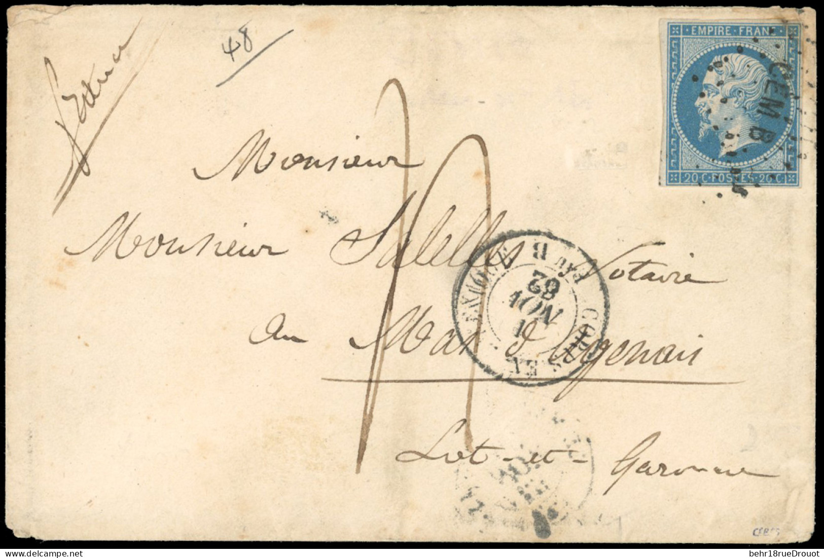 Obl. 14A -- 20c. Bleu. Obl. CEM B S/lettre Frappée Du CàD CORPS EXP. Du 1er Novembre 1862 à Destination Du MAS D'AGENAIS - 1853-1860 Napoleon III