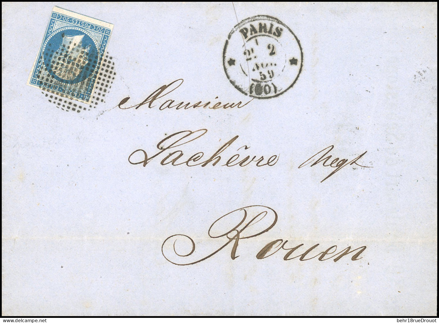 Obl. 14A -- 20c. Bleu (déf.), Obl. Cercle De Points Du Bureau Central, S/lettre Frappée Du CàD De PARIS (60) Du 2 Novemb - 1853-1860 Napoléon III