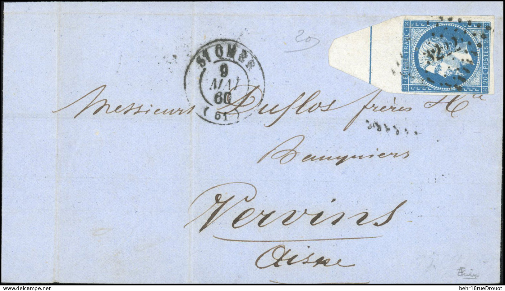 Obl. 14Ai -- 20c. Bleu, BdeF Avec Filet D'encadrement, Obl. PC 3222 S/lettre Frappée Du CàD De ST-OMER Du 9 Mai 1860 à D - 1853-1860 Napoleon III