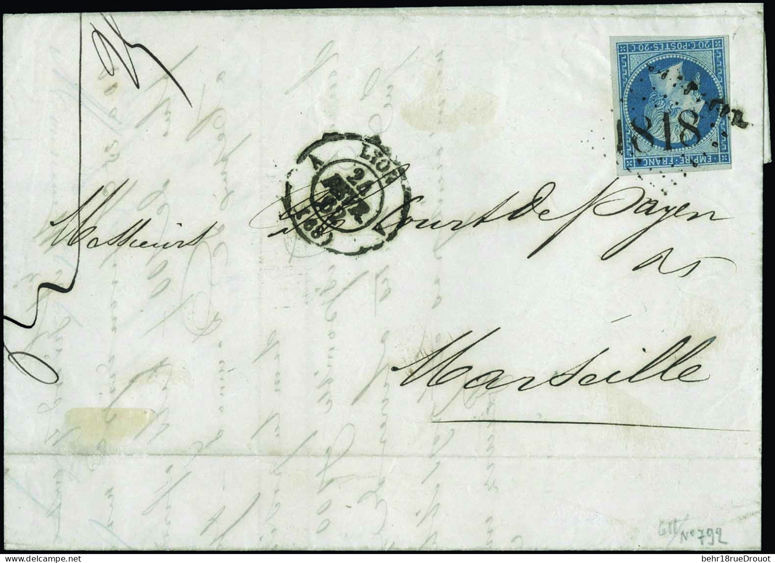 Obl. 14B -- 20c. Bleu Obl. Du Cachet D'essai Du GC 1818, S/lettre Frappée Du CàD De LYON Du 24 Janvier 1862 à Destinatio - 1853-1860 Napoléon III.