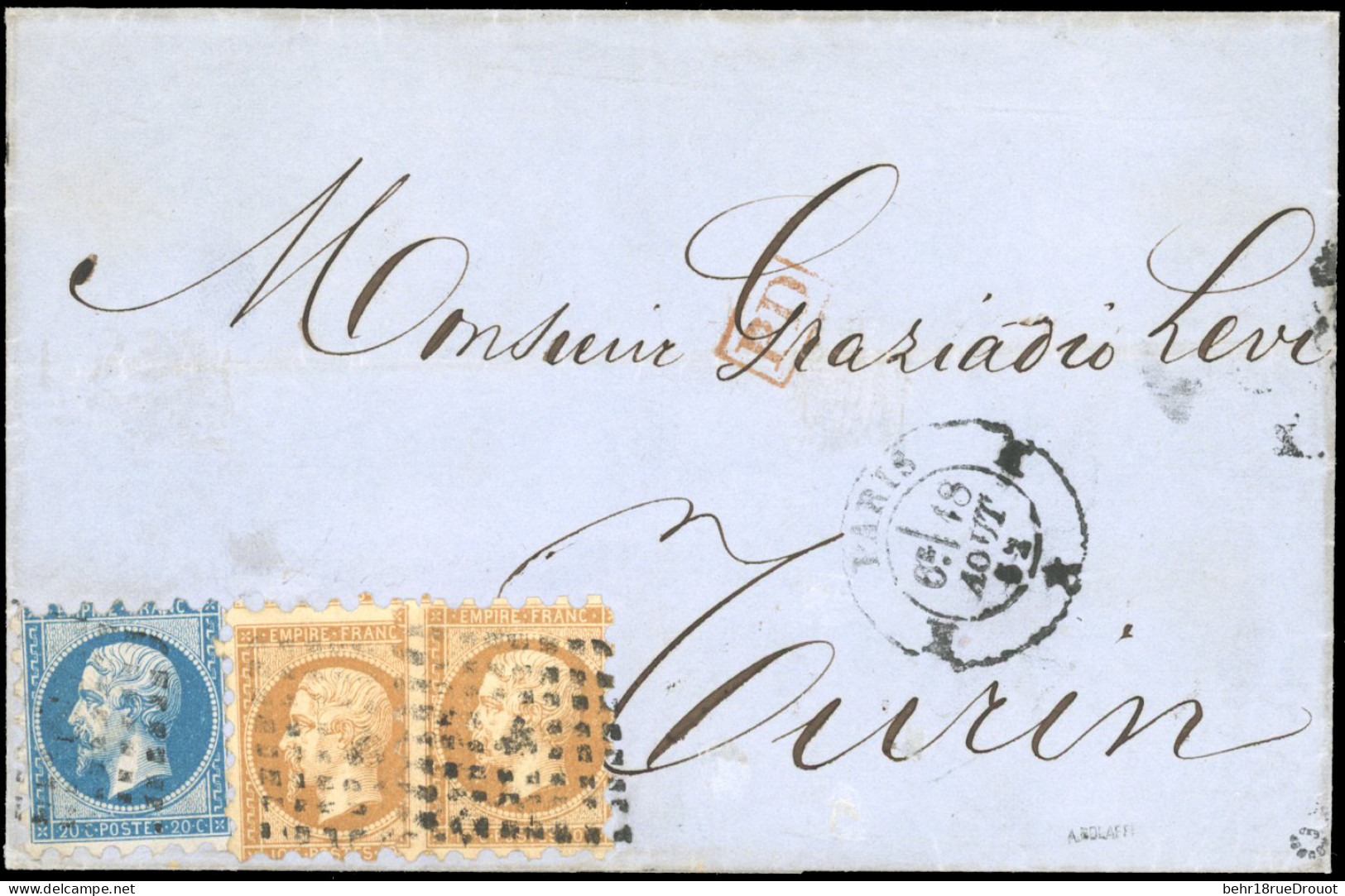 Obl. 14B+ 13B X2 -- 20c. Bleu + 10c. Bistre, Piquage Susse, Obl. S/lettre Frappée Du CàD PARIS Du 18 Août 1862 à Destina - 1853-1860 Napoléon III.