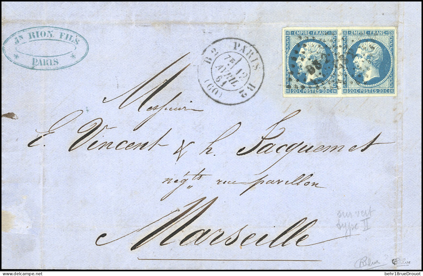 Obl. 14Ba -- Paire Du 20c. Bleu S/vert Obl. Losange BS2 S/lettre Frappée Du CàD PARIS BUREAU B2 (60) Du 12 Avril 1861 à  - 1853-1860 Napoléon III.