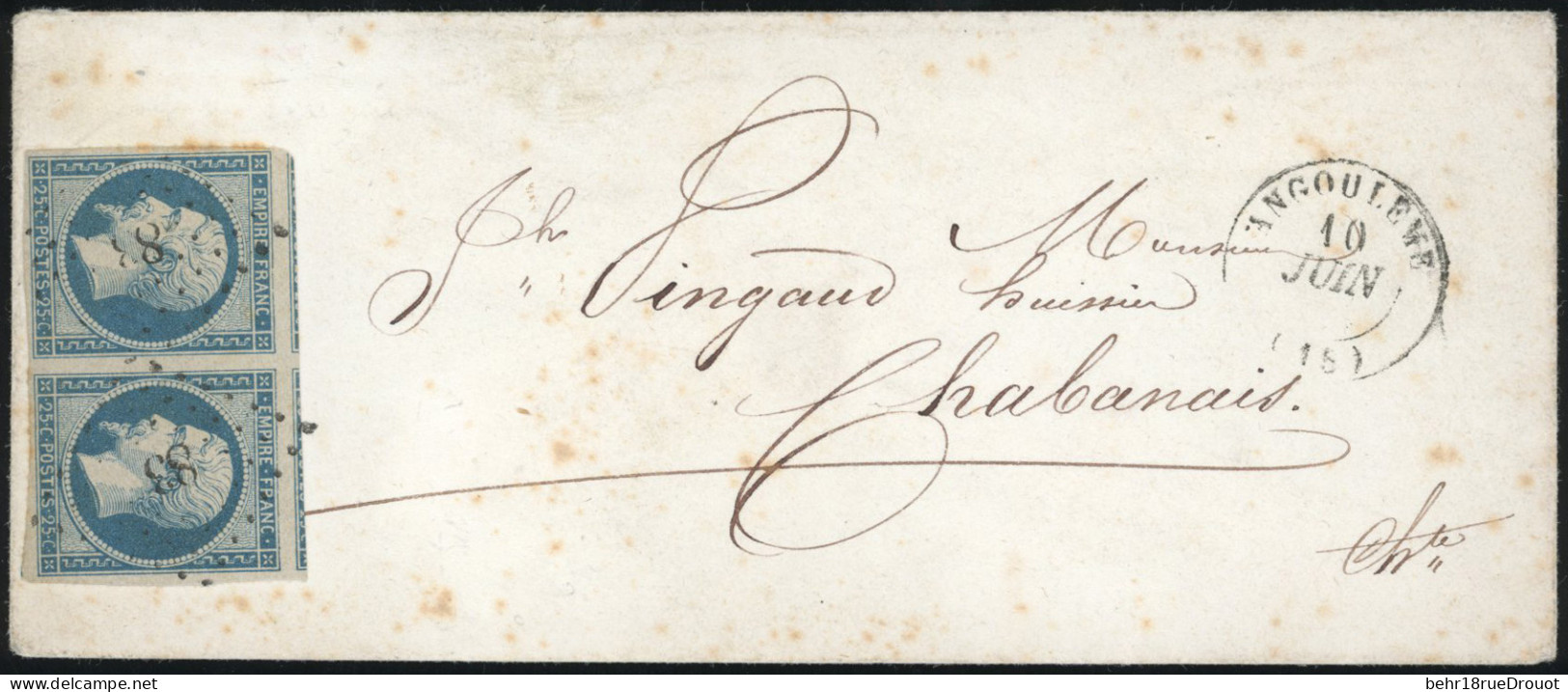 Obl. 15 -- Paire Du 25c. Bleu Obl. PC 83 S/lettre Frappée Du CàD D'ANGOULEME Du 10 Juin -- à Destination De CHABANAIS -  - 1853-1860 Napoléon III.