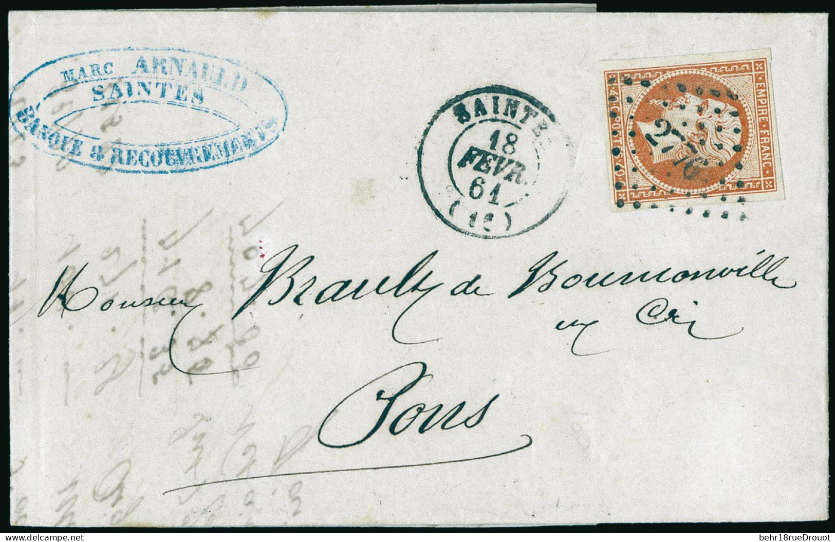 Obl. 16 -- 40c. Orange Obl. PC 2776 S/lettre Frappée Du CàD De SAINTES Du 18 Février 1861 à Destination De PONS. Arrivée - 1853-1860 Napoléon III