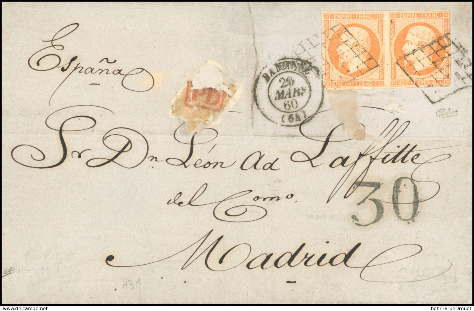 Obl. 16 -- Paire Du 40c. Orange Obl. Grille S/lettre Frappée Du CàD De BAYONNE Du 20 Mars 1860 à Destination De MADRID - - 1853-1860 Napoléon III.