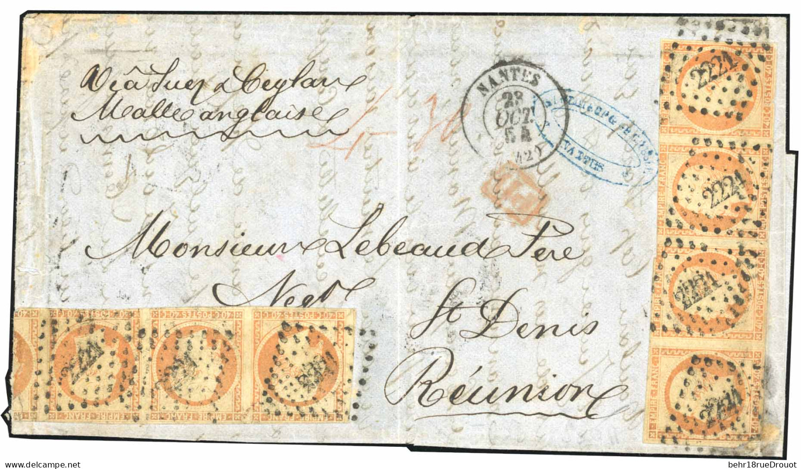 Obl. 16 -- 40c. Orange, Bande De 4 X 2, Obl. PC 2221 S/lettre Frappée Du CàD De NANTES Du 23 Octobre 1854 à Destination  - 1853-1860 Napoléon III.