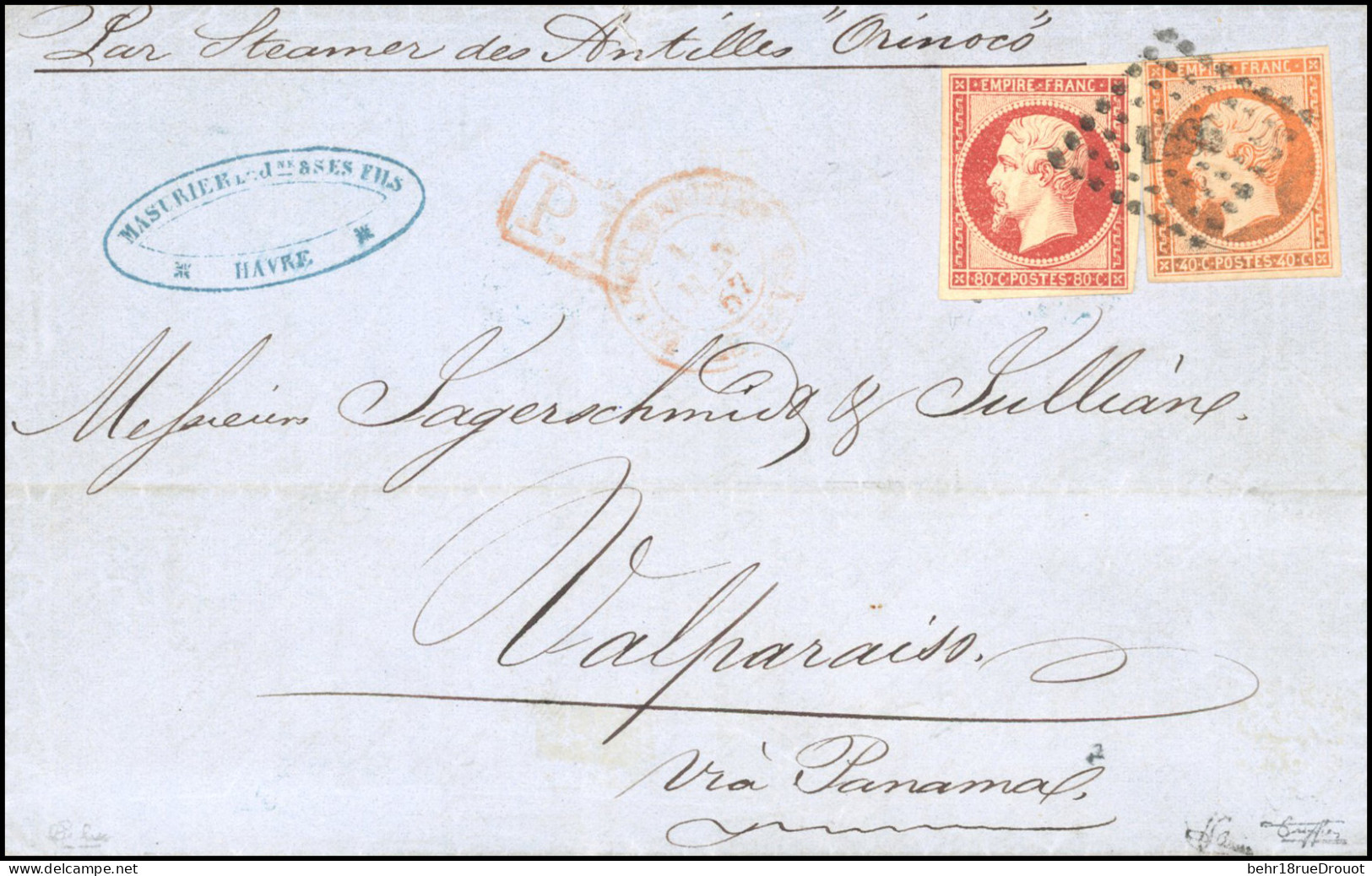 Obl. 16+ 17Ad -- 40c. Orange + 80c. Carmin Vermillonné Obl. PC 1495 S/lettre Frappée Du Cachet Rouge Encadré ''P.P.'' Et - 1853-1860 Napoleon III