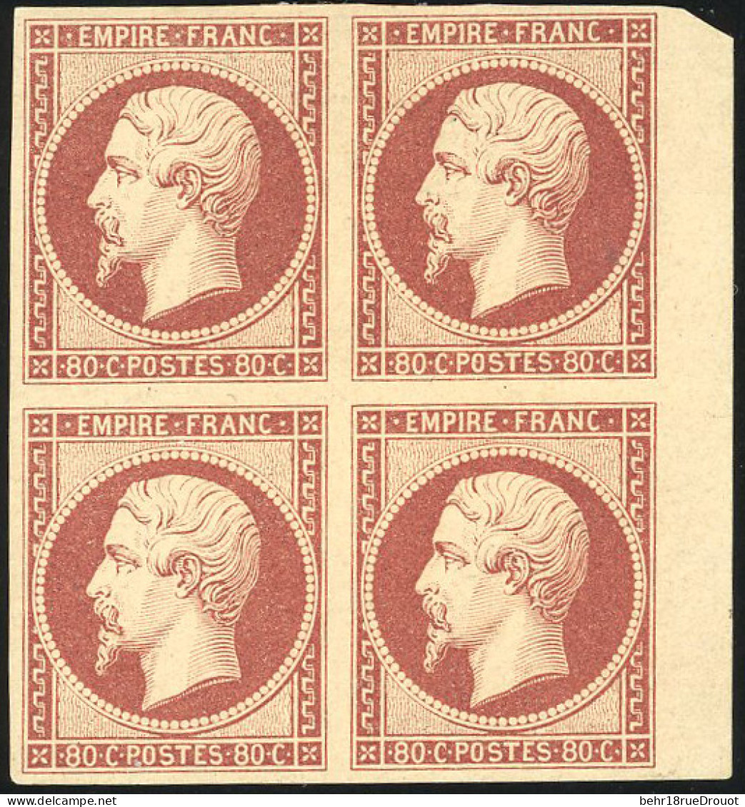 (*) 17Ae -- 80c. Carmin Terne. Tirage Arts Et Métiers. Bloc De 4 Avec BdeF. SUP. RR. - 1853-1860 Napoléon III.