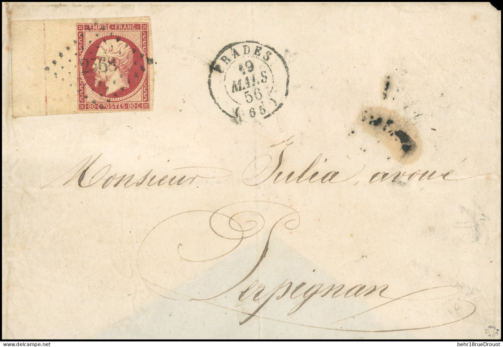 Obl. 17Ag -- 80c. Carmin, Avec Filet D'encadrement, Obl. PC 2568 S/lettre Frappée Du CàD De PRADES Du 19 Mars 1856 à Des - 1853-1860 Napoléon III.