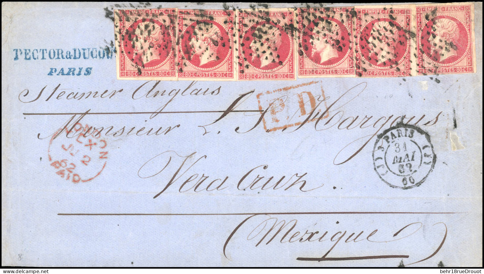 Obl. 17B X 6 -- 80c. Rose Obl. étoile S/lettre Frappée Du CàD De PARIS (60) Du 31 Mai 1862 à Destination De VERACRUZ - M - 1853-1860 Napoleon III