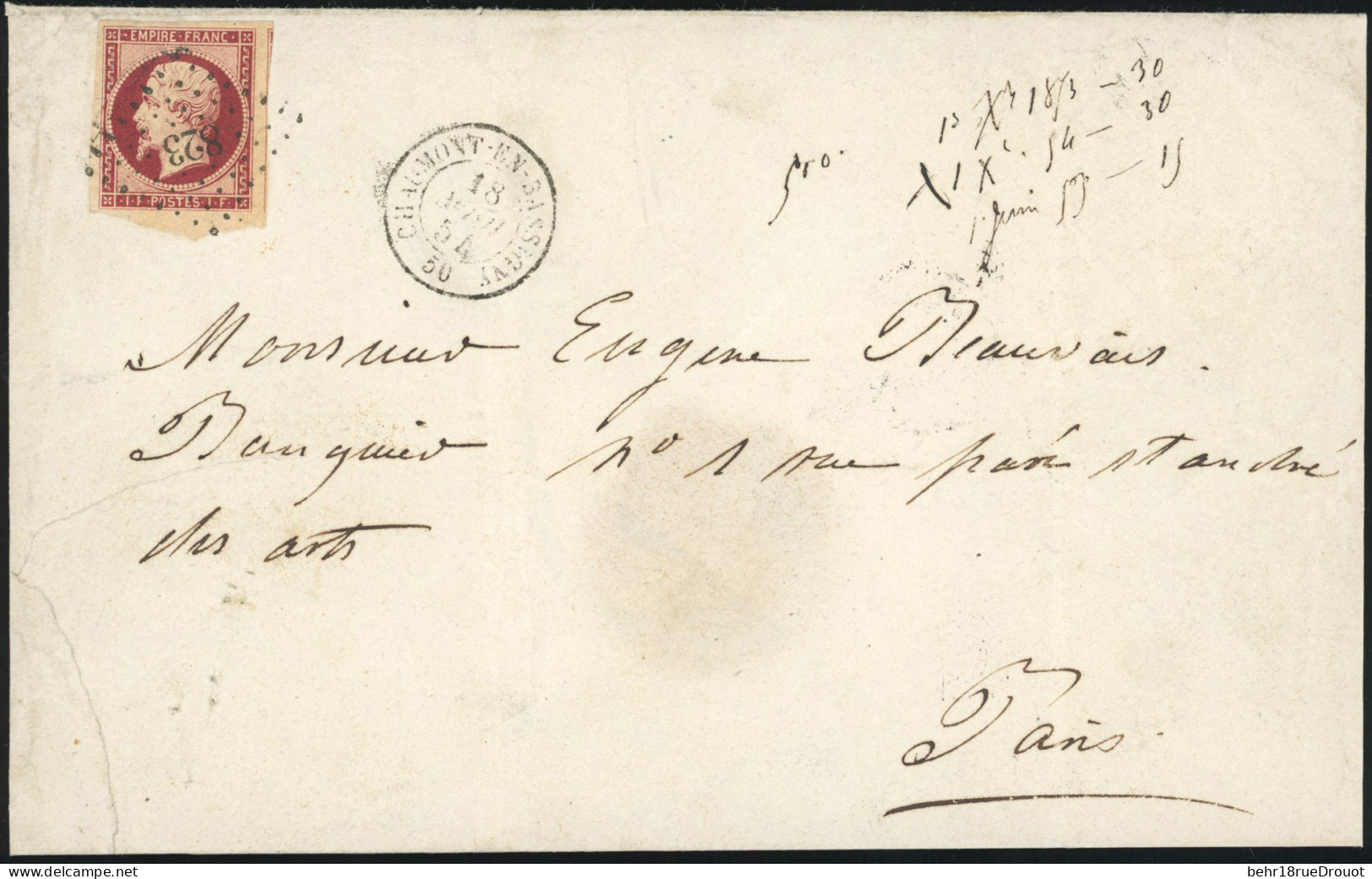 Obl. 18 -- 1F. Carmin Obl. PC 823 S/lettre Frappée Du CàD De CHAUMONT-EN BASSIGNY Du 18 Avril 1854 à Destination De PARI - 1853-1860 Napoléon III.