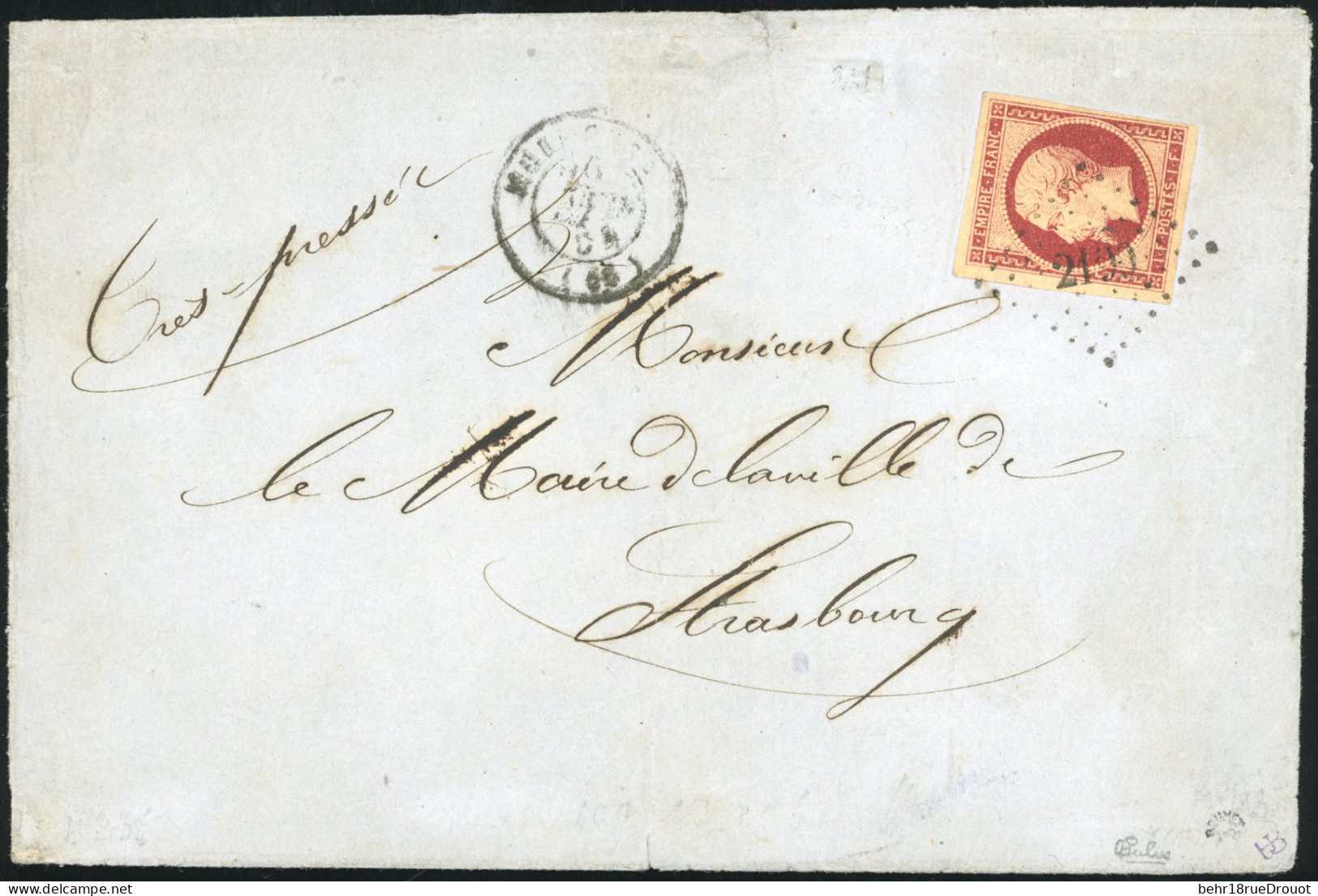 Obl. 18 -- 1F. Carmin Obl. PC 2199 S/lettre Frappée Du CàD De MULHOUSE Du 20 Avril 1854 à Destination De STRASBOURG. SUP - 1853-1860 Napoléon III.