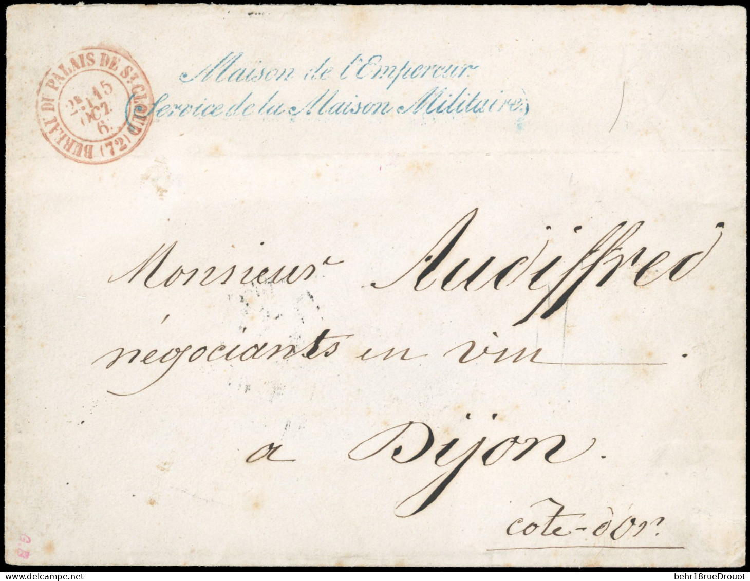 Obl. Lettre En Franchise Frappée De La Griffe Bleue MAISON DE L'EMPEREUR (SERVICE DE LA MAISON MILITAIRE) Et Du CàD BURE - 1862 Napoleon III