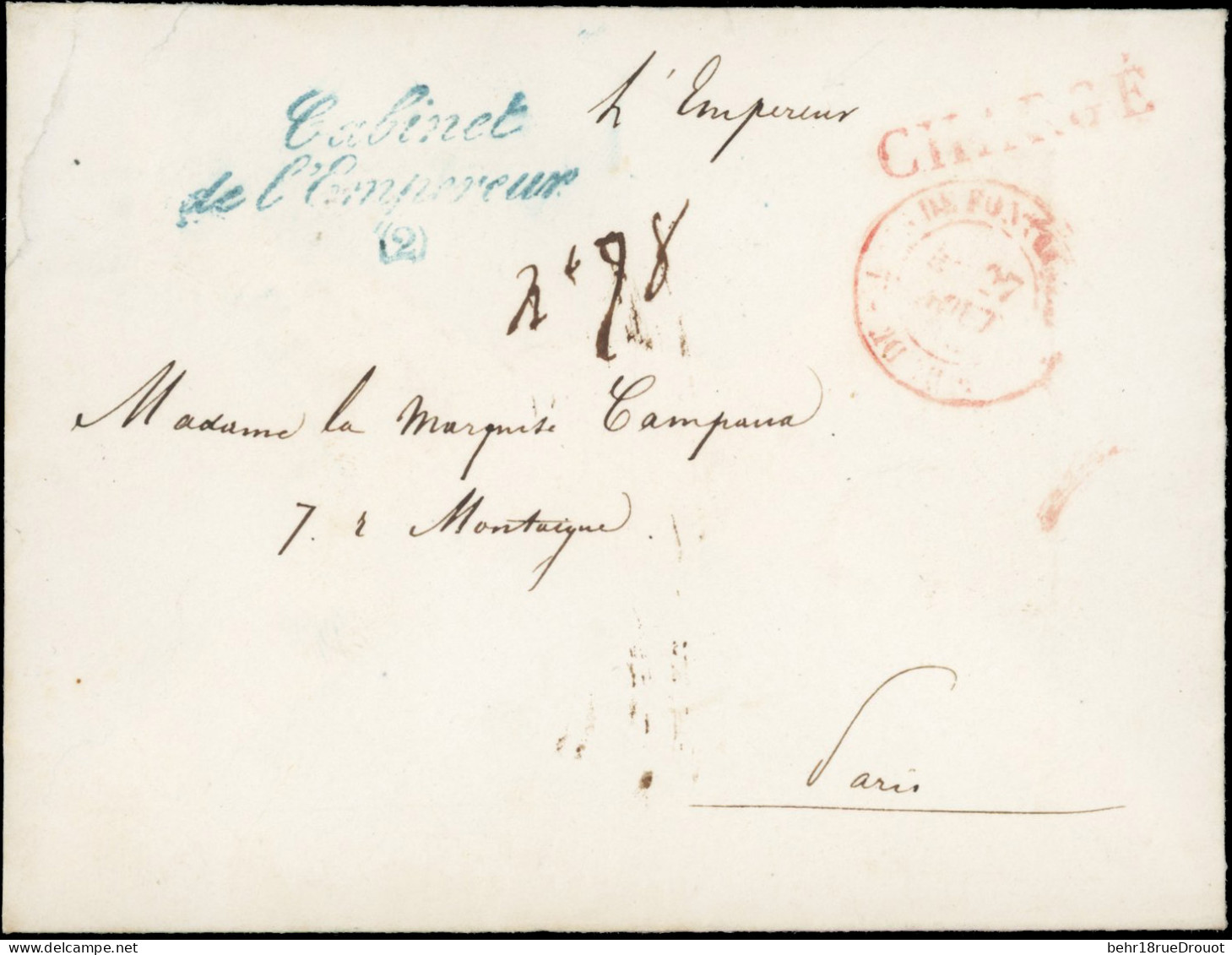 Obl. Lettre Chargée En Franchise Frappée De La Griffe Bleue Du CABINET DE L'EMPEREUR (2) Et De La Marque Manuscrite ''L' - 1862 Napoleon III