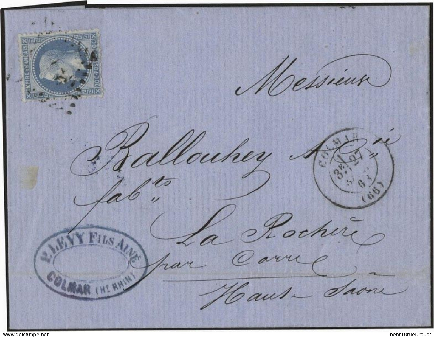 Obl. 29B -- 20c. Bleu Obl. S/ Lettre Frappée Du CàD De COLMAR 27 Septembre 1868 à Destination De La HAUTE-SAONE. Cachet  - 1863-1870 Napoleon III With Laurels