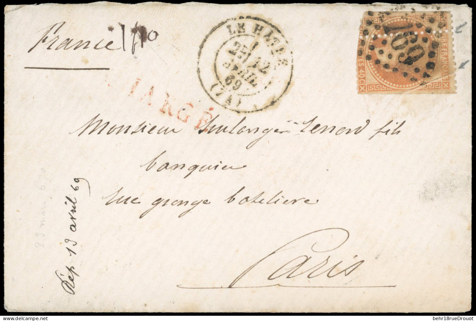 Obl. 31 -- 40c. Orange, Variétés : Piquage à Cheval Et Pli Accordéon, Obl. GC S/lettre Chargée Frappée Du CàD De LE HAVR - 1863-1870 Napoleon III With Laurels