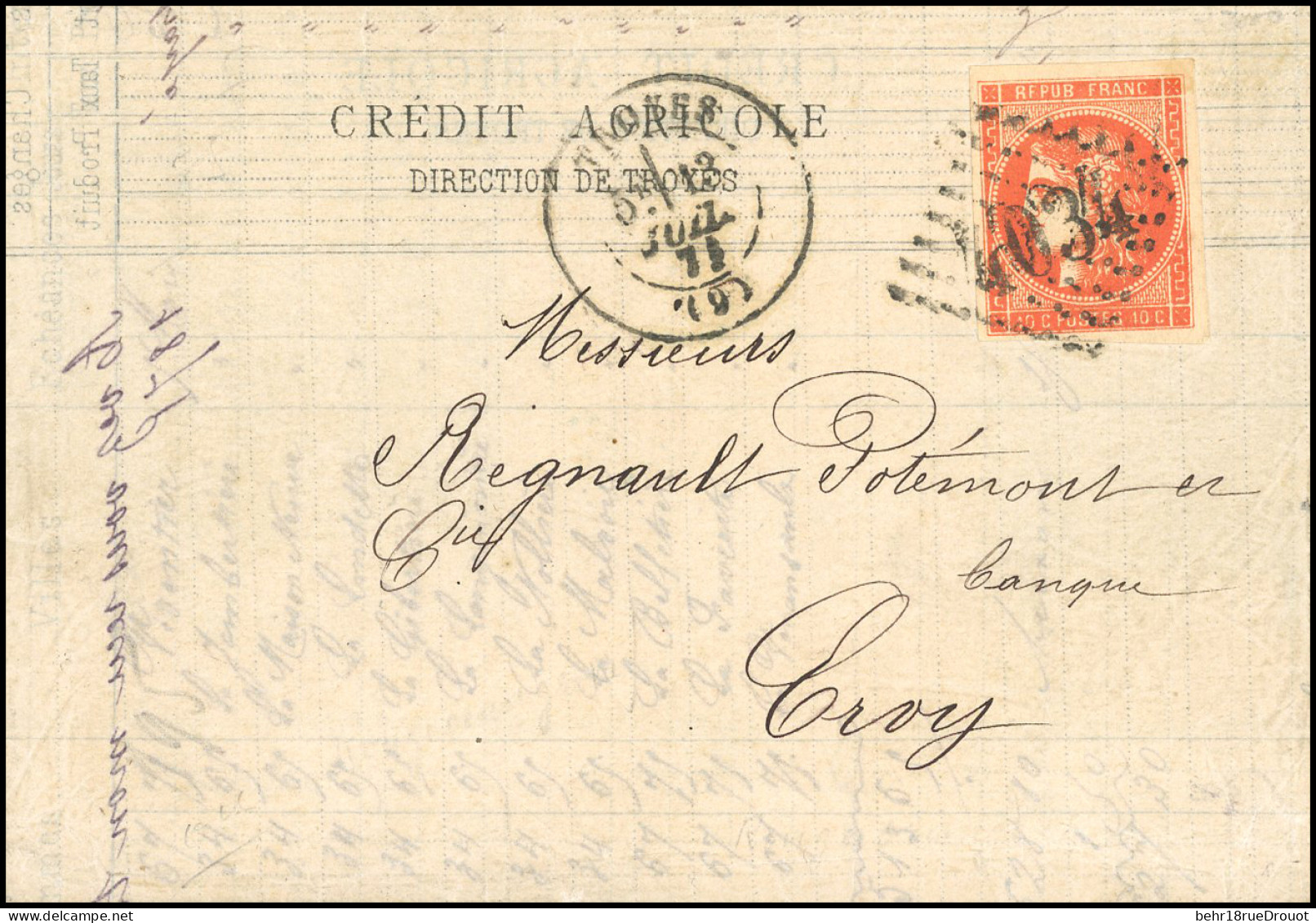 Obl. 48g -- 40c. Vermillon Vif, Obl. GC 4034 S/lettre Frappée Du CàD De TROYES Du 13 Juillet 1871 à Destination D'ERVY.  - 1870 Ausgabe Bordeaux