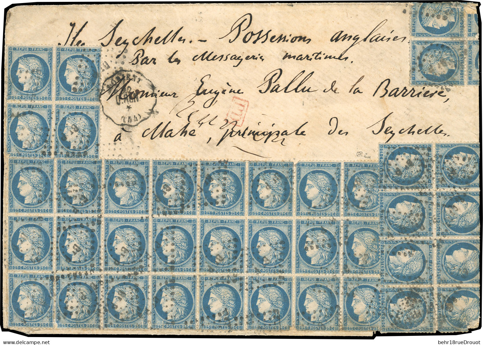 Obl. 60 -- 25c. Bleu Bloc De 24 + 2 X Blocs De 4 + Bloc De 8 S/lettre Frappée Du CàD De LORIENT Du 22 Octobre 1874 à Des - 1871-1875 Cérès