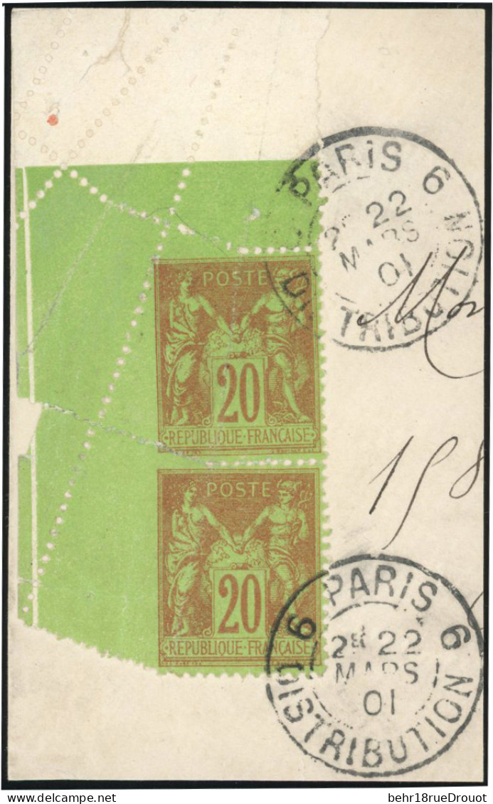 Obl. 96 -- 20c. Brique S/vert. Paire Verticale Obl. S/fragment. Coin De Feuille. ND à Gauche Suite à Une Variété De Piqu - 1876-1878 Sage (Type I)