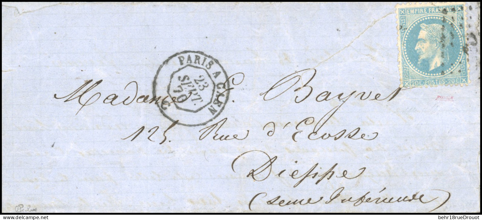 Obl. 29 -- Pli Confié Du NEPTUNE. 20c. Lauré Obl. Losange Ambulant ''PC'' S/lettre Manuscrite Du 22 Septembre 1870 Frapp - Oorlog 1870