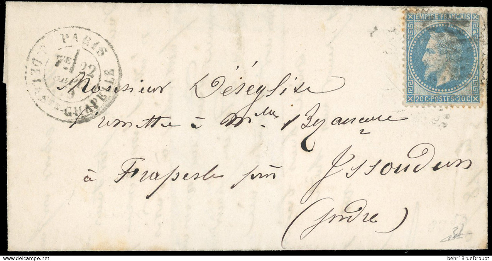 Obl. 29 -- Courrier Retardé De LA VILLE DE FLORENCE. 20c. Lauré Obl. S/lettre Frappée Du CàD De PARIS - R. DE LA STE CHA - Oorlog 1870