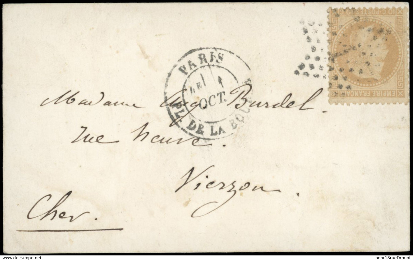 Obl. 28 -- L'ARMAND BARBES. 10c. Lauré Obl. étoile S/carte D'un Sergent Du 6ième Bataillon Frappée Du CàD De PARIS - PL. - War 1870