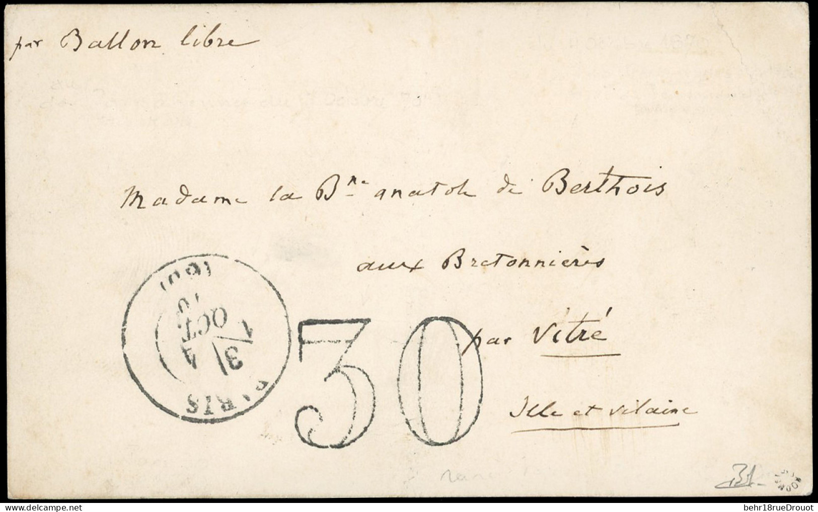 Obl. LE NON DENOMME N°2. Carte Taxée à 30 Frappée Du CàD De PARIS (60) Du 1 Octobre 1870 à Destination De VITRE - ILLE E - Oorlog 1870