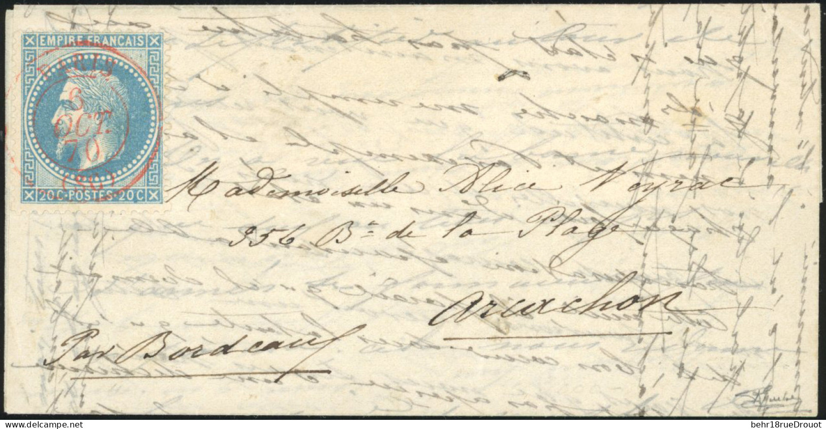 Obl. 29 -- L'ARMAND BARBES. 20c. Lauré Obl. Du CàD Rouge De PARIS (SC) Du 6 Octobre 1870 à Destination D'ARCACHON - GIRO - War 1870