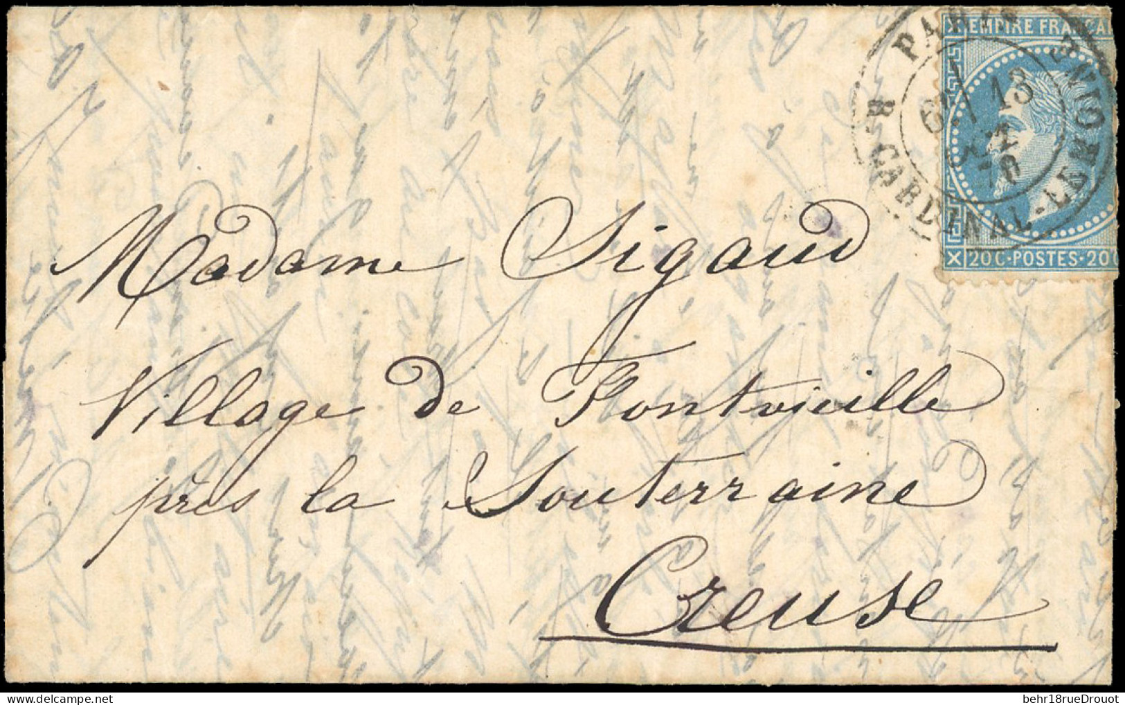Obl. 29 -- LE GODEFROY CAVAIGNAC. 20c. Lauré Obl. S/lettre Frappée Du CàD De PARIS - R. CARDINAL LEMOINE Du 13 Octobre 1 - War 1870