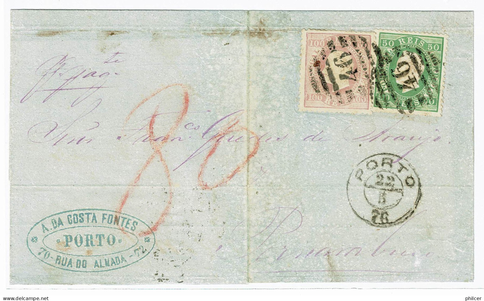 Portugal, 1876, # 40 Dent. 13 1/2, 43 Dent. 12 3/4, Para Pernambuco - Covers & Documents