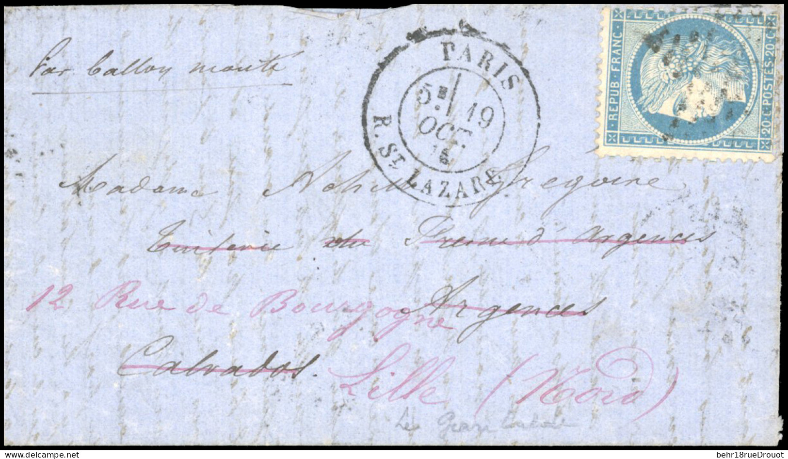 Obl. 37 -- LA GARIBALDI. 20c. Siège Obl. étoile S/lettre Frappée Du CàD De PARIS - R. ST-LAZARE Du 19 Octobre 1870 à Des - War 1870