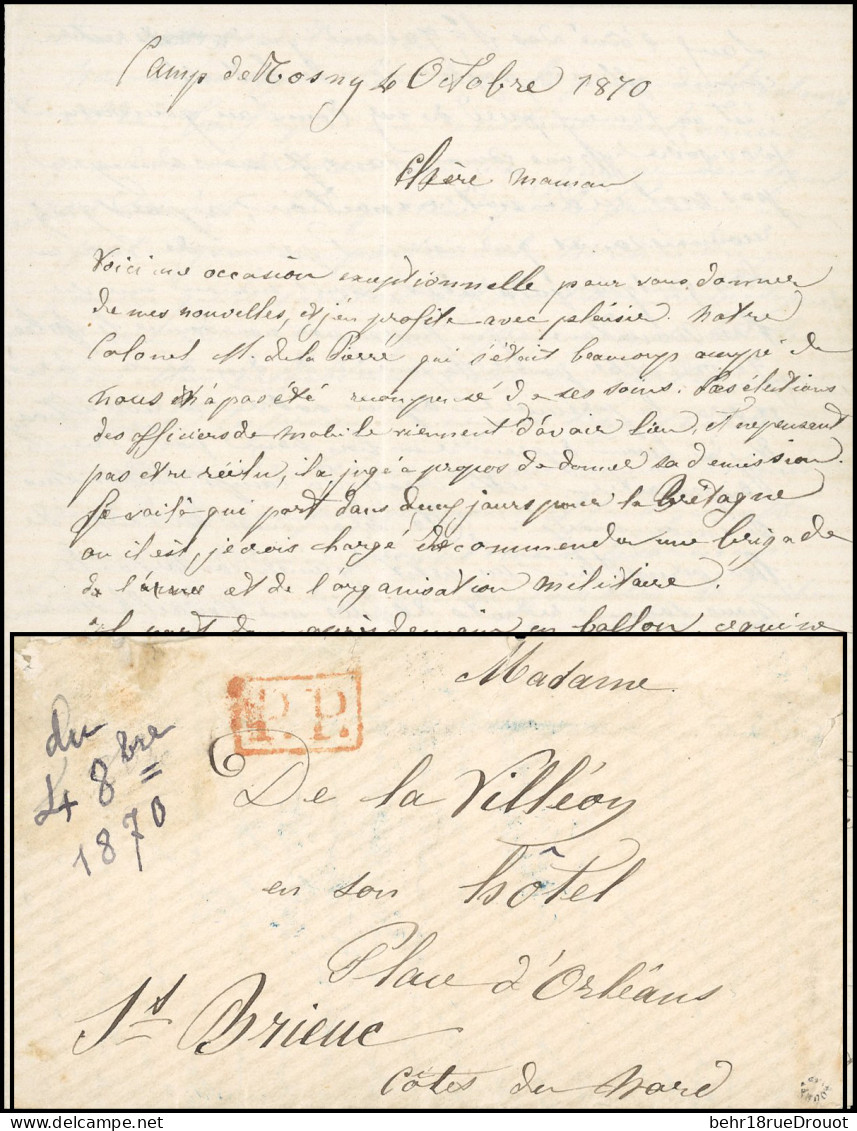 Obl. Pli Confié Du MONTGOLFIER. Lettre Manuscrite Du Camp De Rosny Datée Du 4 Octobre 1870, Frappée Du Cachet Encadré Ro - War 1870