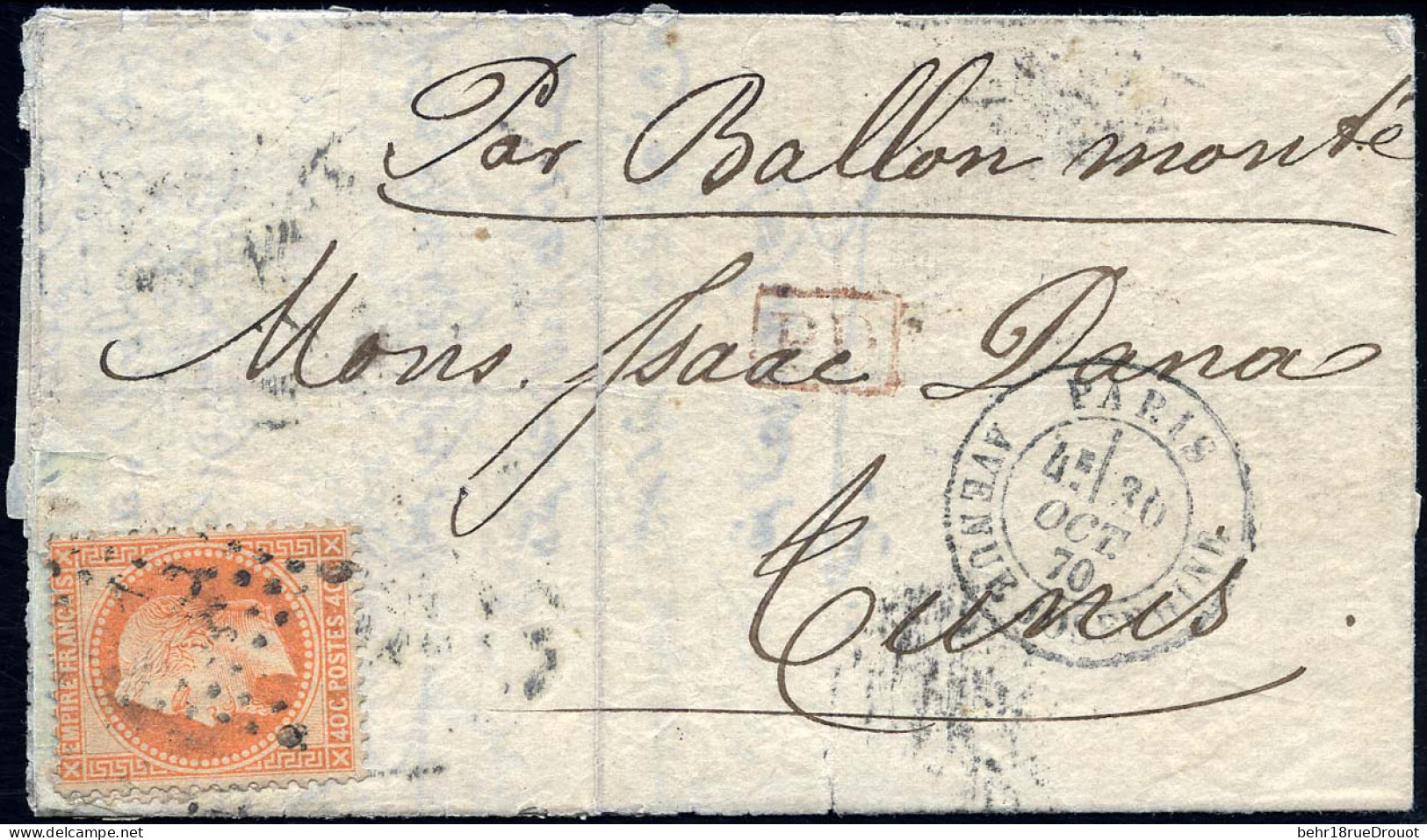 Obl. 31 -- LE FULTON. 40c. Lauré (rajouté) S/lettre Manuscrite En Hébreux - Arabe Classique, Frappée Du CàD De PARIS Du  - War 1870